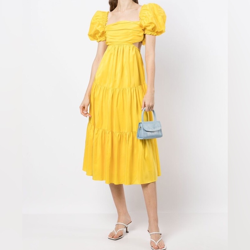 Rebecca Vallance Yellow Puff-Sleeve Tiered Midi Dress Brand New W Tags